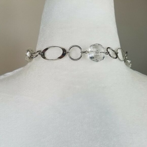 Clear Bead Necklace 32" Silver Tone Oval Chain Mod Retro Style - Picture 6 of 7
